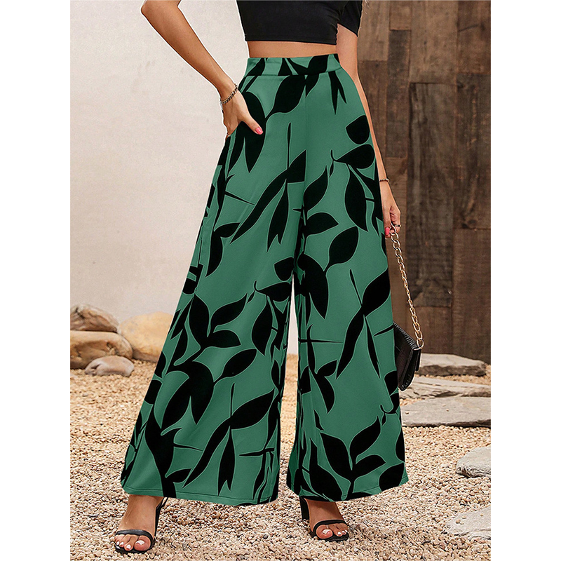 Pantaloni a Gamba Larga con Stampa e Vita Alta da Donna