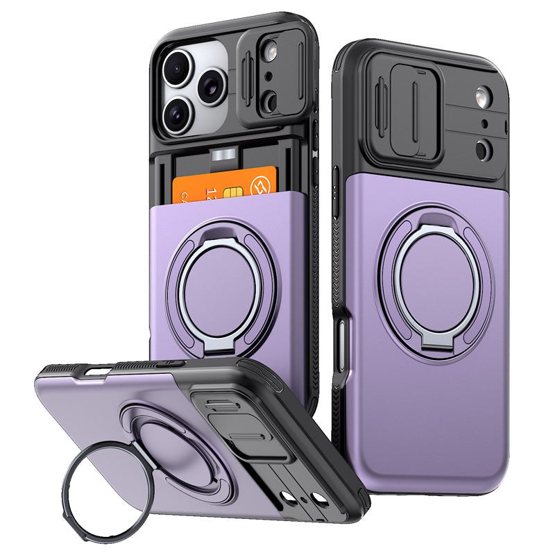 Cover iPhone antiurto 📱🔒💳, scocca PC rigida e copriobiettivo scorrevole, con vano che ospita fino a 4 carte, ti permette di uscire senza portare il portafoglio.