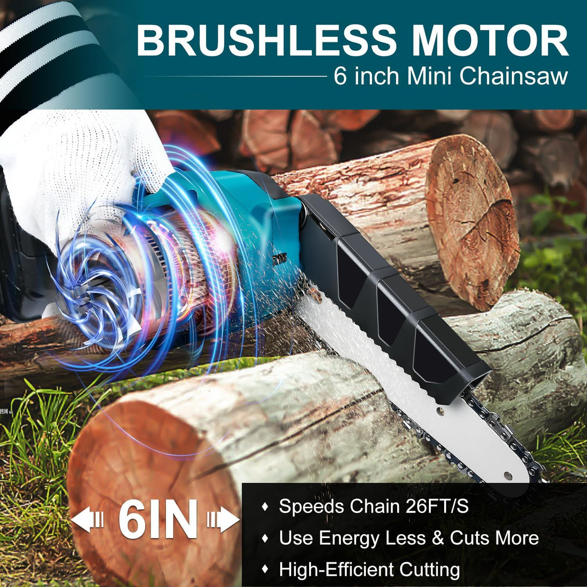 Mini Motosega a Batteria da 6 Pollici con Motore Brushless ✨⚡ - 2580W | 3500 giri/min | Lubrificazione Automatica | Barra in Acciaio al Tungsteno | 1 o 2 Batterie | 50% DI SCONTO