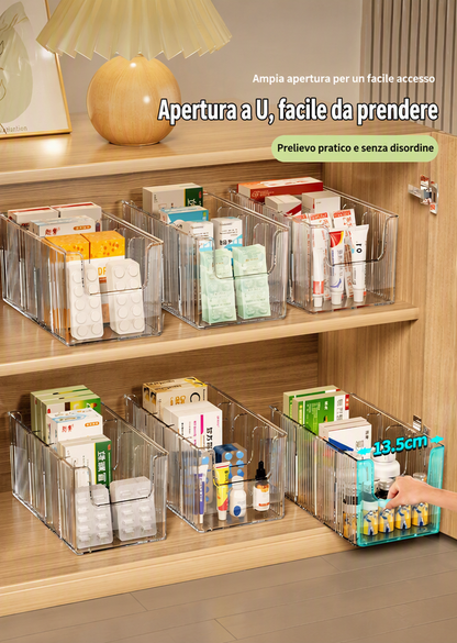 💊 Organizer Portamedicinali Estensibile | Trasparente, Tutto a Colpo d’Occhio 👀 | Telescopico da 24,5 a 43 cm 📏 | Scomparti Separati Ordinati ✨ | Perfetto per Armadietti, Cassetti e Prima Cassetta 🗄️