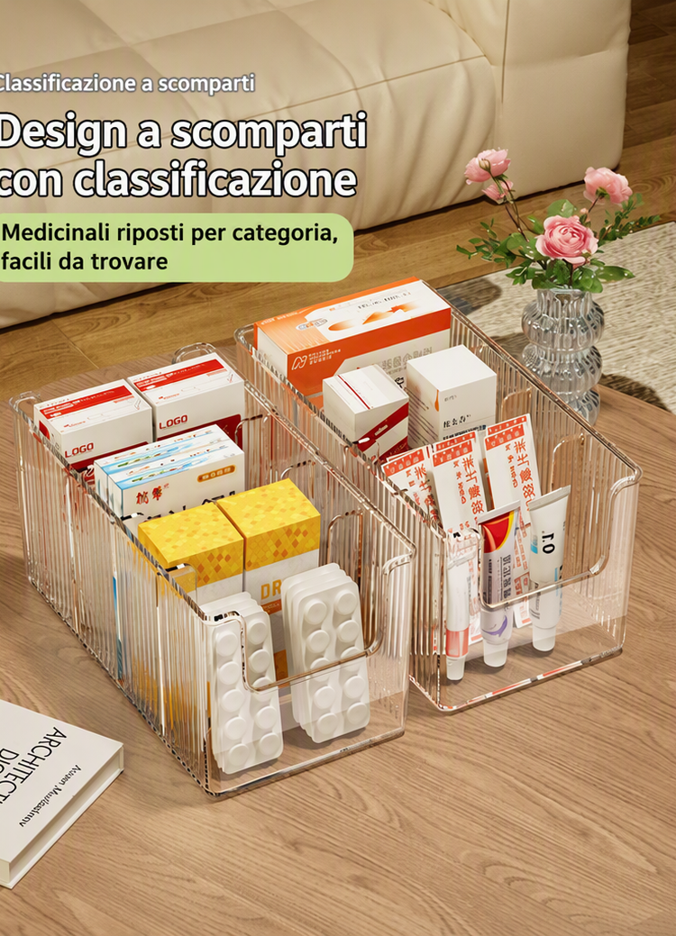💊 Organizer Portamedicinali Estensibile | Trasparente, Tutto a Colpo d’Occhio 👀 | Telescopico da 24,5 a 43 cm 📏 | Scomparti Separati Ordinati ✨ | Perfetto per Armadietti, Cassetti e Prima Cassetta 🗄️