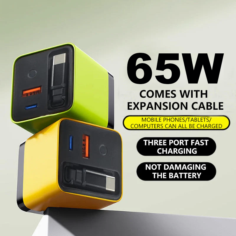✨⚡ Caricabatterie GaN 3 in 1, caricabatterie rapido da 65 W per smartphone con cavo Type-C e 2 porte USB