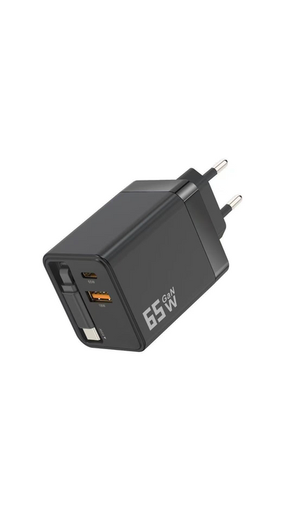 ✨⚡ Caricabatterie GaN 3 in 1, caricabatterie rapido da 65 W per smartphone con cavo Type-C e 2 porte USB