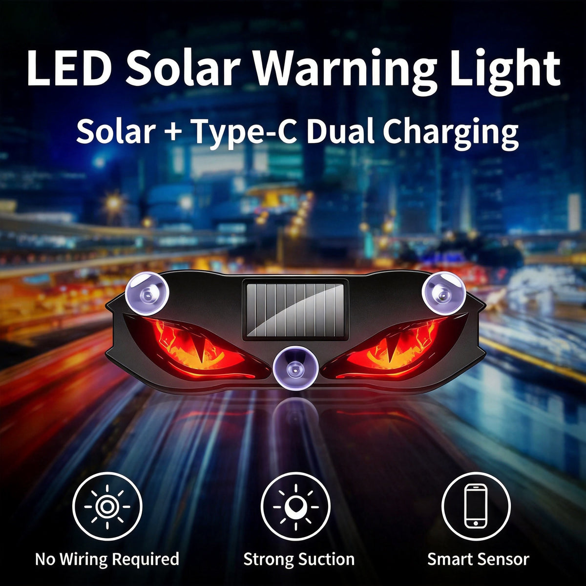 Luce Auto Occhio di Diavolo 🎬🔋🧲 Effetto luminoso lampeggiante stile cinematografico, ricarica solare e USB, montaggio a ventosa senza danni, dona alla tua auto un look unico e riconoscibile di notte.
