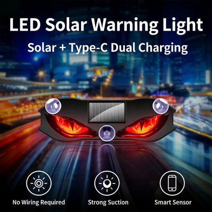 Luce Auto Occhio di Diavolo 🎬🔋🧲 Effetto luminoso lampeggiante stile cinematografico, ricarica solare e USB, montaggio a ventosa senza danni, dona alla tua auto un look unico e riconoscibile di notte.