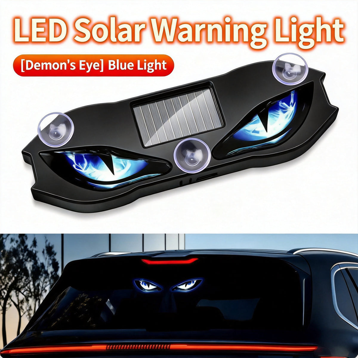 Luce Auto Occhio di Diavolo 🎬🔋🧲 Effetto luminoso lampeggiante stile cinematografico, ricarica solare e USB, montaggio a ventosa senza danni, dona alla tua auto un look unico e riconoscibile di notte.