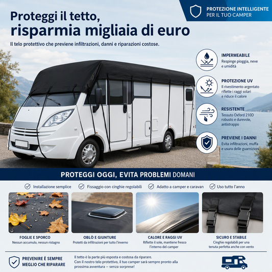Telo di protezione per tetto di camper e roulotte 🚐🌧️🍂 Tessuto Oxford 210D impermeabile e riflettente, cinghie regolabili, montaggio singolo, custodia inclusa, riduce la pulizia e protegge il tetto del veicolo.