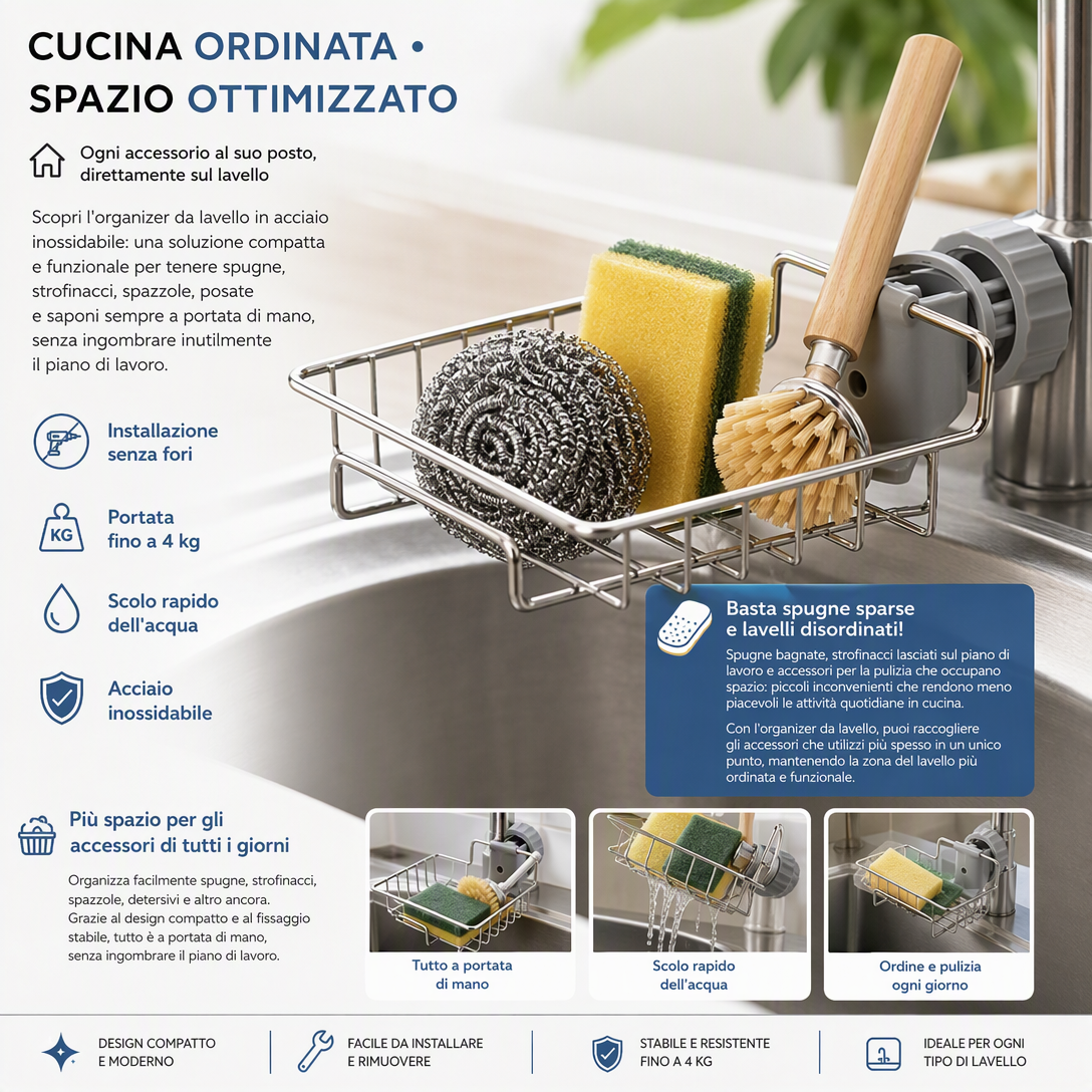 Organizer da lavello in acciaio inossidabile 🏠🍽️💧 Si aggancia direttamente al rubinetto senza fori, scola rapidamente l’acqua e tiene gli strumenti di pulizia sempre a portata di mano per mantenere il piano di lavoro ordinato.