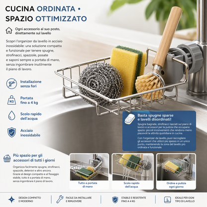 Organizer da lavello in acciaio inossidabile 🏠🍽️💧 Si aggancia direttamente al rubinetto senza fori, scola rapidamente l’acqua e tiene gli strumenti di pulizia sempre a portata di mano per mantenere il piano di lavoro ordinato.