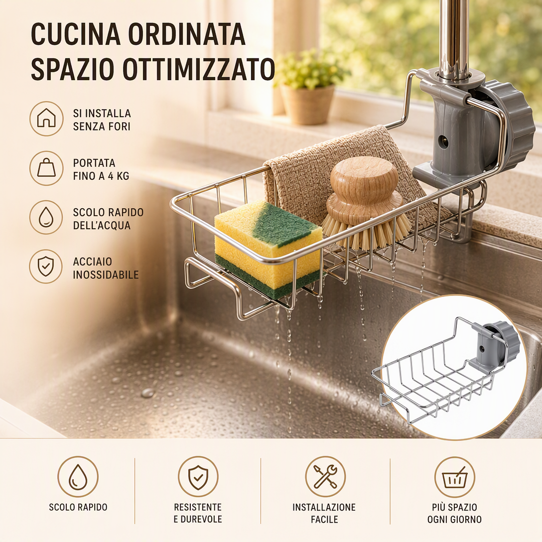 Organizer da lavello in acciaio inossidabile 🏠🍽️💧 Si aggancia direttamente al rubinetto senza fori, scola rapidamente l’acqua e tiene gli strumenti di pulizia sempre a portata di mano per mantenere il piano di lavoro ordinato.