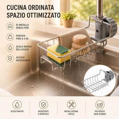 Organizer da lavello in acciaio inossidabile 🏠🍽️💧 Si aggancia direttamente al rubinetto senza fori, scola rapidamente l’acqua e tiene gli strumenti di pulizia sempre a portata di mano per mantenere il piano di lavoro ordinato.