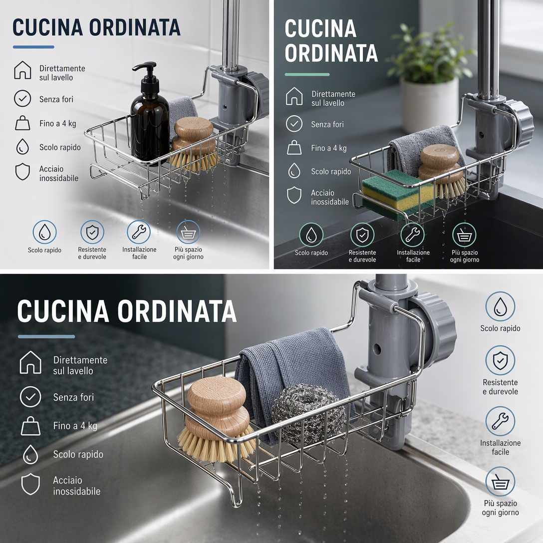 Organizer da lavello in acciaio inossidabile 🏠🍽️💧 Si aggancia direttamente al rubinetto senza fori, scola rapidamente l’acqua e tiene gli strumenti di pulizia sempre a portata di mano per mantenere il piano di lavoro ordinato.