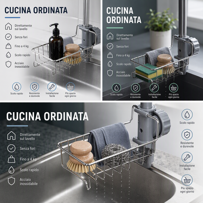 Organizer da lavello in acciaio inossidabile 🏠🍽️💧 Si aggancia direttamente al rubinetto senza fori, scola rapidamente l’acqua e tiene gli strumenti di pulizia sempre a portata di mano per mantenere il piano di lavoro ordinato.