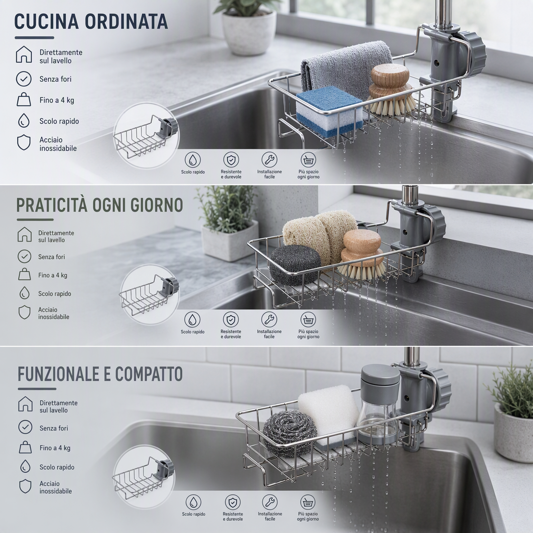 Organizer da lavello in acciaio inossidabile 🏠🍽️💧 Si aggancia direttamente al rubinetto senza fori, scola rapidamente l’acqua e tiene gli strumenti di pulizia sempre a portata di mano per mantenere il piano di lavoro ordinato.
