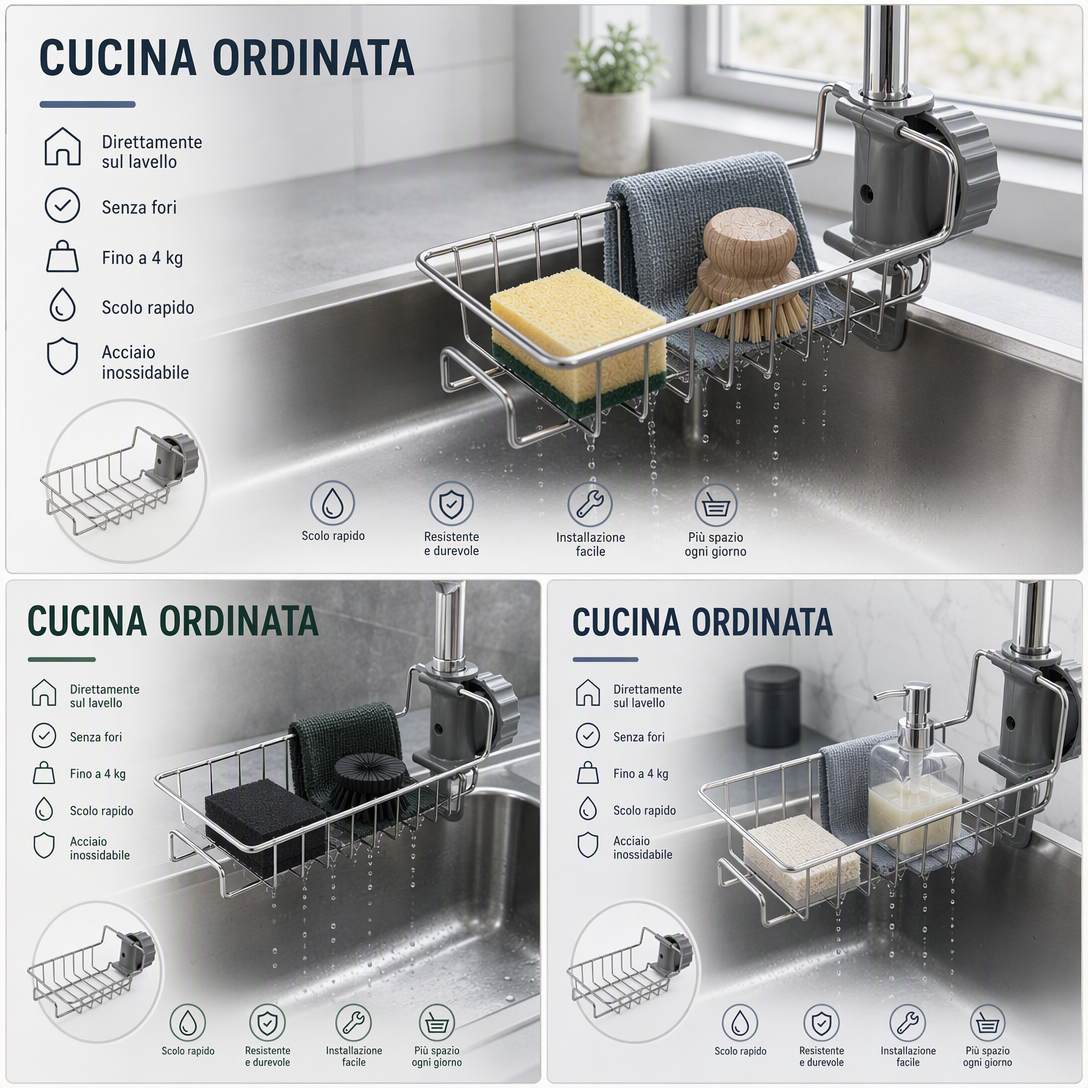Organizer da lavello in acciaio inossidabile 🏠🍽️💧 Si aggancia direttamente al rubinetto senza fori, scola rapidamente l’acqua e tiene gli strumenti di pulizia sempre a portata di mano per mantenere il piano di lavoro ordinato.