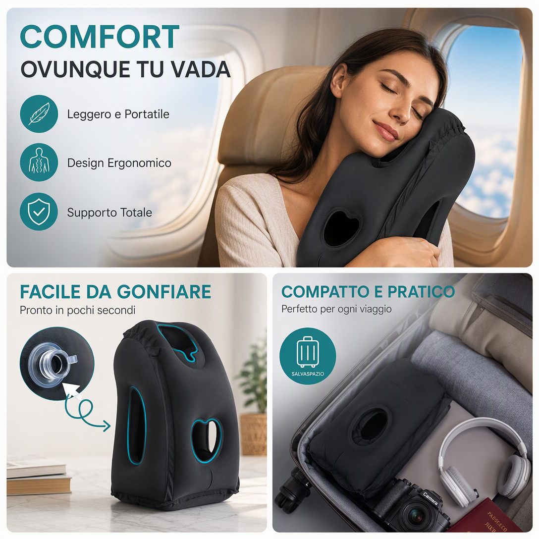 Cuscino da viaggio gonfiabile ✈️🚞😴 Tessuto floccato morbido e valvola larga per gonfiaggio veloce, offre supporto ergonomico al collo su voli, treno o in ufficio, per riposare senza dolori cervicali.
