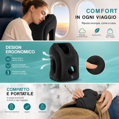 Cuscino da viaggio gonfiabile ✈️🚞😴 Tessuto floccato morbido e valvola larga per gonfiaggio veloce, offre supporto ergonomico al collo su voli, treno o in ufficio, per riposare senza dolori cervicali.