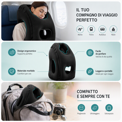 Cuscino da viaggio gonfiabile ✈️🚞😴 Tessuto floccato morbido e valvola larga per gonfiaggio veloce, offre supporto ergonomico al collo su voli, treno o in ufficio, per riposare senza dolori cervicali.
