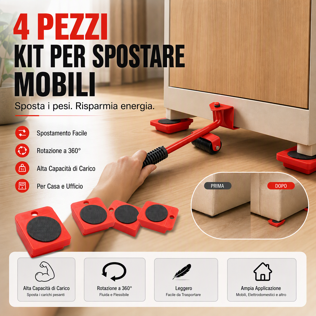 🛋️ Kit Sposta Mobili Pesanti con Leva e Rulli ✨ | Ruote Girevoli a 360° con Portata Fino a 360kg | Sposta Divani ed Elettrodomestici da Solo 🦾