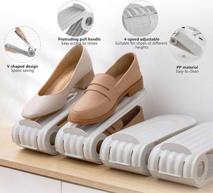 Porta scarpe doppio ripiano 🥿📦💧, realizzato in PP, riduce del 50% lo spazio occupato dalle calzature, altezza regolabile e superficie antiscivolo per organizzare facilmente la tua scarpiera.