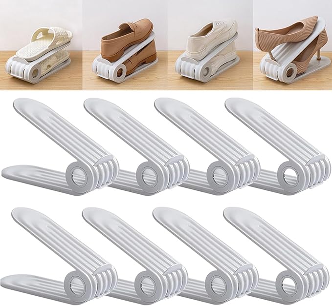 Porta scarpe doppio ripiano 🥿📦💧, realizzato in PP, riduce del 50% lo spazio occupato dalle calzature, altezza regolabile e superficie antiscivolo per organizzare facilmente la tua scarpiera.