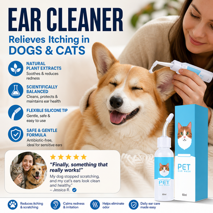 Soluzione detergente per le orecchie per cani e gatti 👂🌿🩹 Con formula botanica priva di antibiotici e punta silicone morbida, scioglie il cerume e lenisce prurito e rossore, mantiene le orecchie del pet pulite e confortevoli.