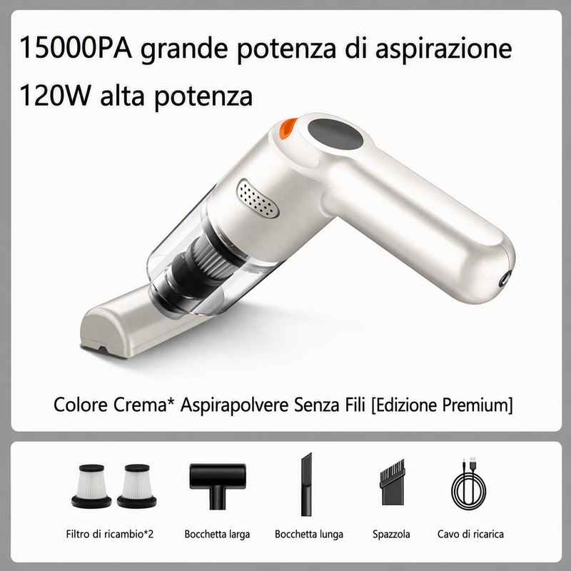Aspirapolvere portatile senza fili 🚗🏠💨 leggero e senza cavi, con forte aspirazione e filtro lavabile, usa gli ugelli intercambiabili per pulire auto e scrivanie senza sforzo e terminare la pulizia velocemente.