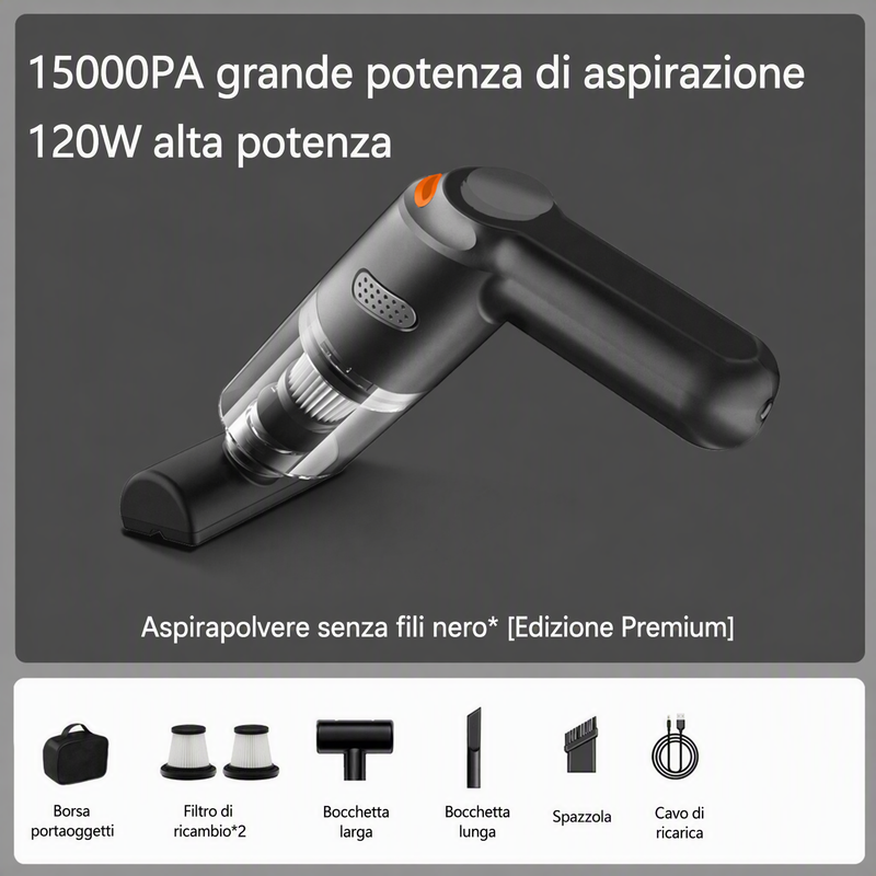 Aspirapolvere portatile senza fili 🚗🏠💨 leggero e senza cavi, con forte aspirazione e filtro lavabile, usa gli ugelli intercambiabili per pulire auto e scrivanie senza sforzo e terminare la pulizia velocemente.
