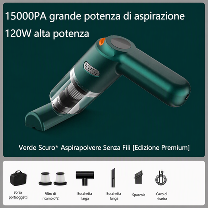 Aspirapolvere portatile senza fili 🚗🏠💨 leggero e senza cavi, con forte aspirazione e filtro lavabile, usa gli ugelli intercambiabili per pulire auto e scrivanie senza sforzo e terminare la pulizia velocemente.