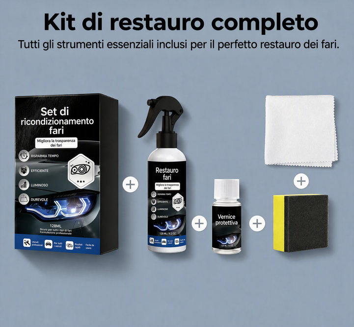 ⏰Kit Restauratore Fari Auto 💡🧴⏱️ Spray restauratore da 100 ml e agente protettivo UV da 20 ml, formula senza abrasivi, ripristina la trasparenza dei fari opachi in pochi minuti per una migliore visibilità notturna.