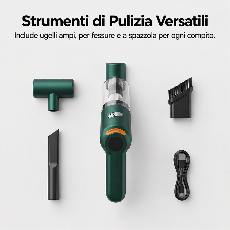Aspirapolvere portatile senza fili 🚗🏠💨 leggero e senza cavi, con forte aspirazione e filtro lavabile, usa gli ugelli intercambiabili per pulire auto e scrivanie senza sforzo e terminare la pulizia velocemente.