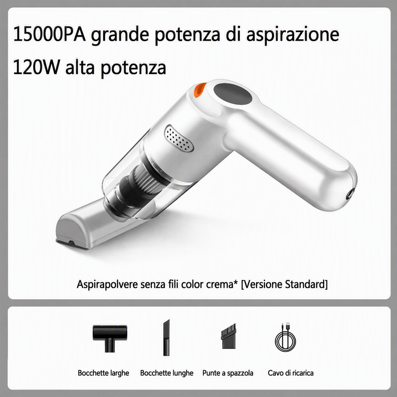 Aspirapolvere portatile senza fili 🚗🏠💨 leggero e senza cavi, con forte aspirazione e filtro lavabile, usa gli ugelli intercambiabili per pulire auto e scrivanie senza sforzo e terminare la pulizia velocemente.