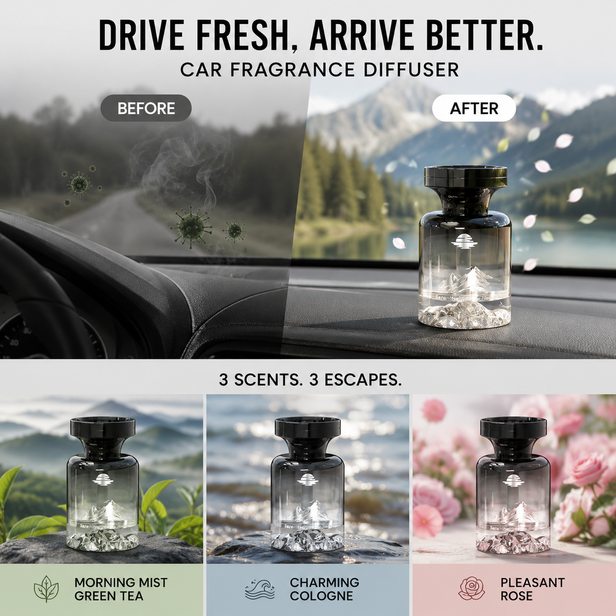 Profumo per auto con design montano ⛰️🚗✨ Bottiglia decorativa con paesaggio montano, estratti vegetali naturali, neutralizza gli odori e diffonde una fragranza persistente per rendere ogni viaggio piacevole.