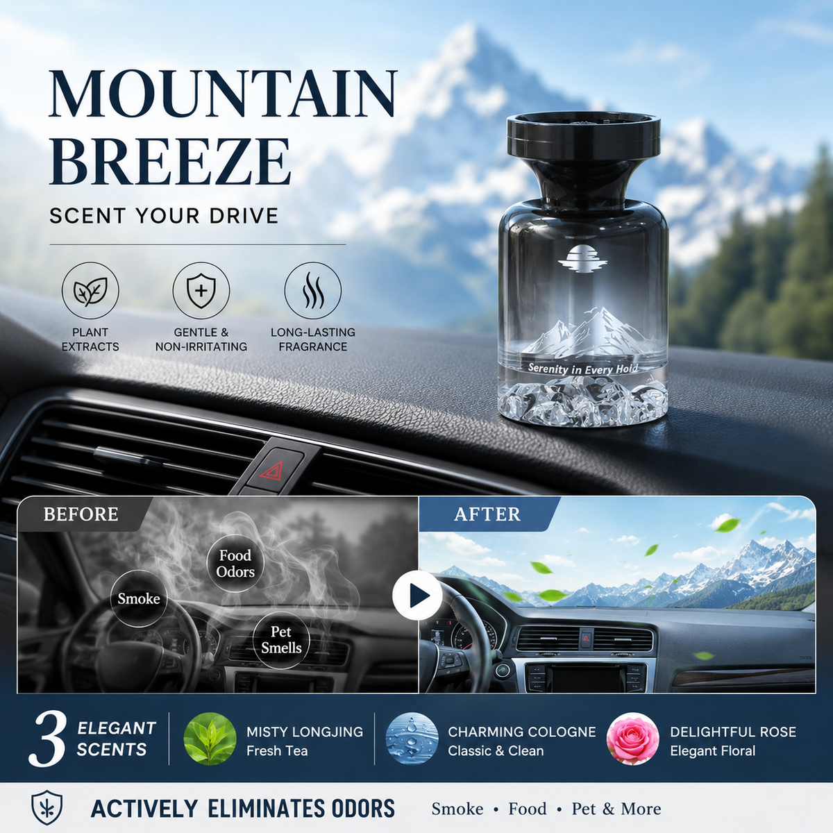 Profumo per auto con design montano ⛰️🚗✨ Bottiglia decorativa con paesaggio montano, estratti vegetali naturali, neutralizza gli odori e diffonde una fragranza persistente per rendere ogni viaggio piacevole.
