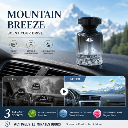 Profumo per auto con design montano ⛰️🚗✨ Bottiglia decorativa con paesaggio montano, estratti vegetali naturali, neutralizza gli odori e diffonde una fragranza persistente per rendere ogni viaggio piacevole.