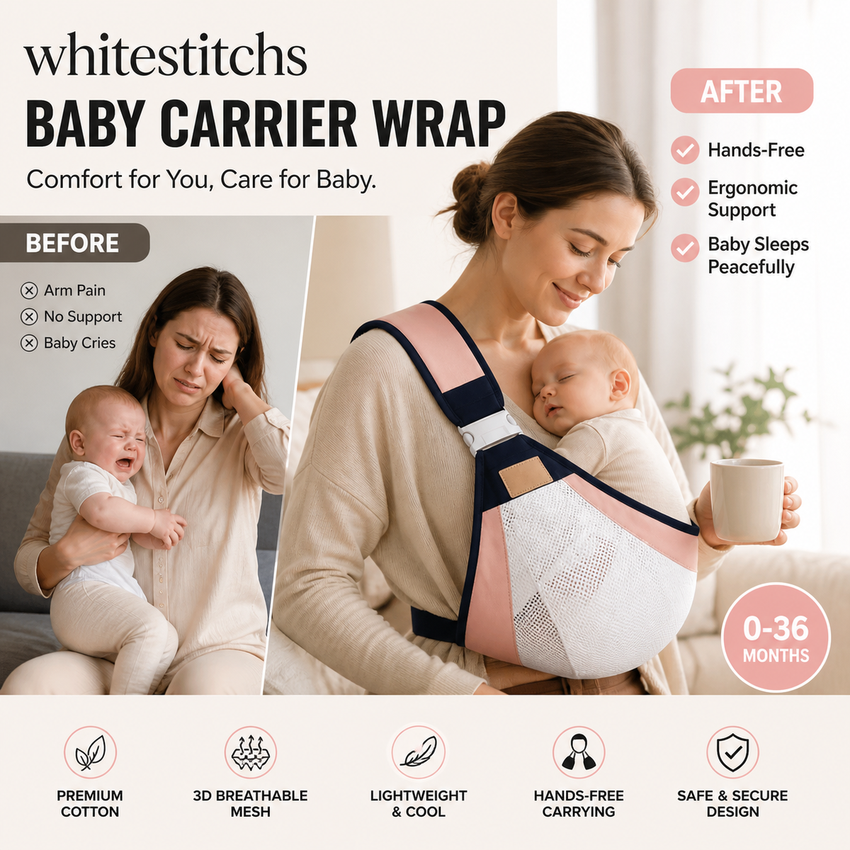 Fascia Porta-Bambino 🎒🌬️⚖️ Leggera e traspirante, distribuisce uniformemente il peso del bambino, con fibbia facile da usare per indossarla velocemente e mantenere le mani libere durante passeggiate e commissioni.