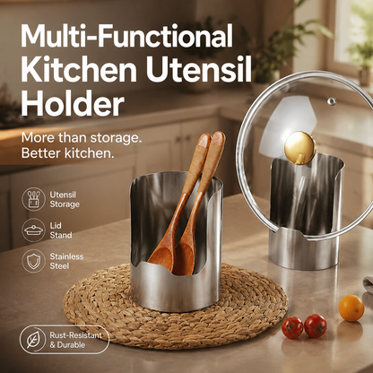 Portautensili da cucina multifunzionale 🍳🥄💧 In acciaio inox spessorato, conserva verticalmente coperchi e utensili, si lava facilmente e mantiene il piano cucina pulito durante la cottura.