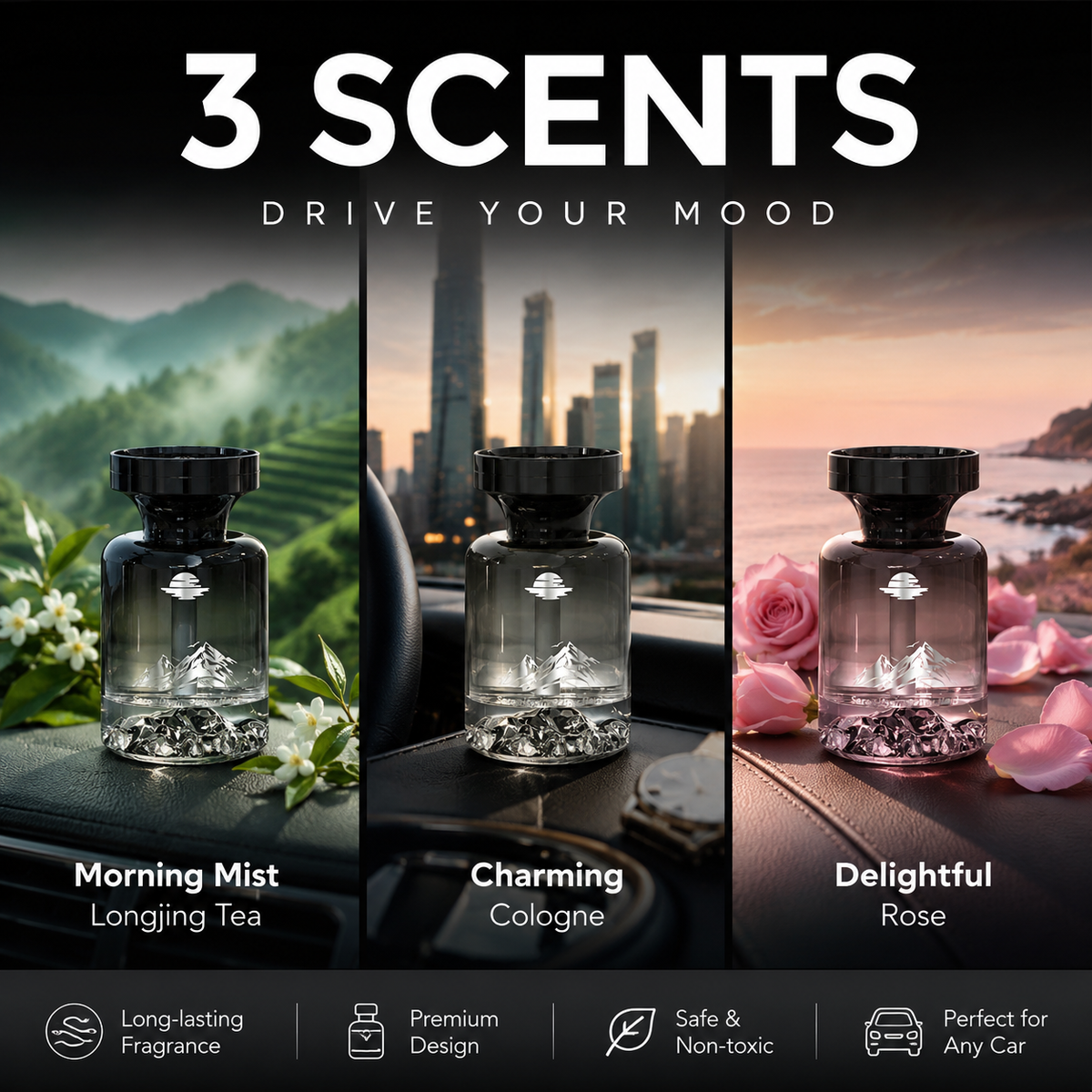 Profumo per auto con design montano ⛰️🚗✨ Bottiglia decorativa con paesaggio montano, estratti vegetali naturali, neutralizza gli odori e diffonde una fragranza persistente per rendere ogni viaggio piacevole.