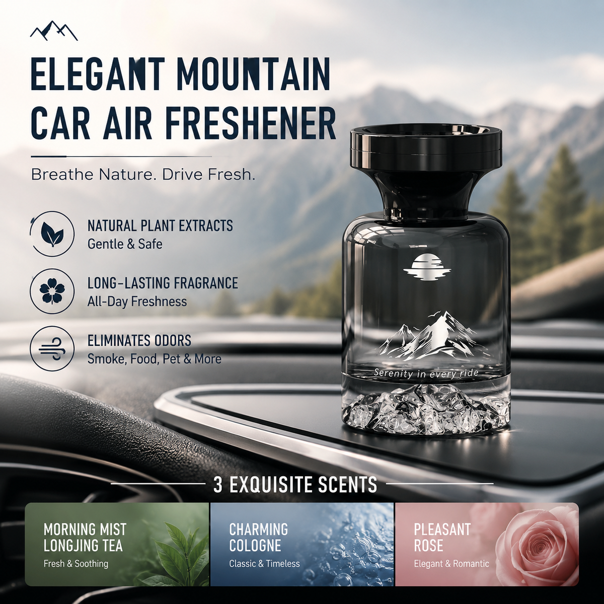 Profumo per auto con design montano ⛰️🚗✨ Bottiglia decorativa con paesaggio montano, estratti vegetali naturali, neutralizza gli odori e diffonde una fragranza persistente per rendere ogni viaggio piacevole.