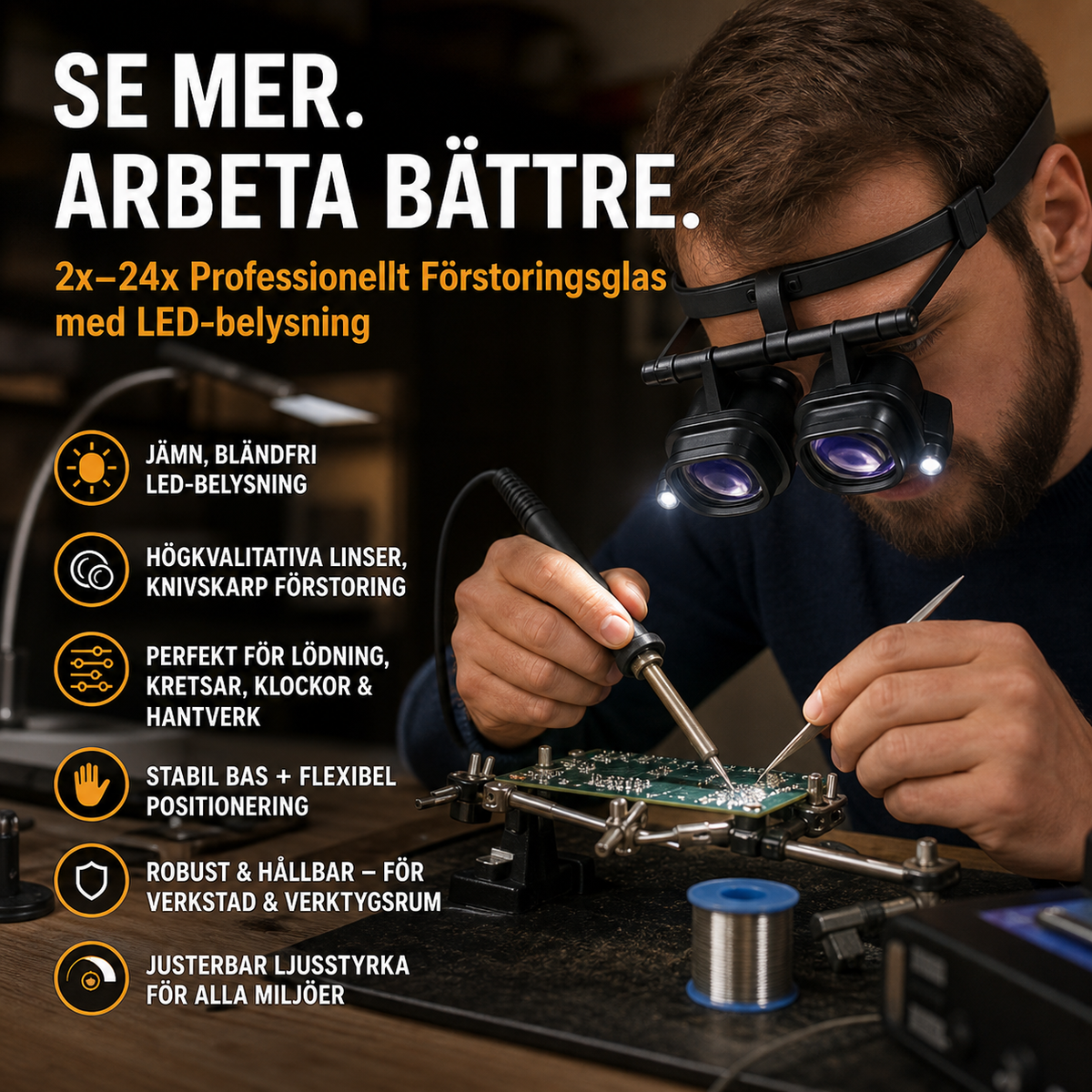 🔬 Occhiali di Precisione con Ingrandimento LED 💡 | Lenti Intercambiabili 2X-25X 🔍 | Doppi LED Integrati e Mani Libere 👐 | Sistema a 4 o 6 Lenti 🪶 | Perfetti per Gioielleria, Orologi ed Elettronica ✨