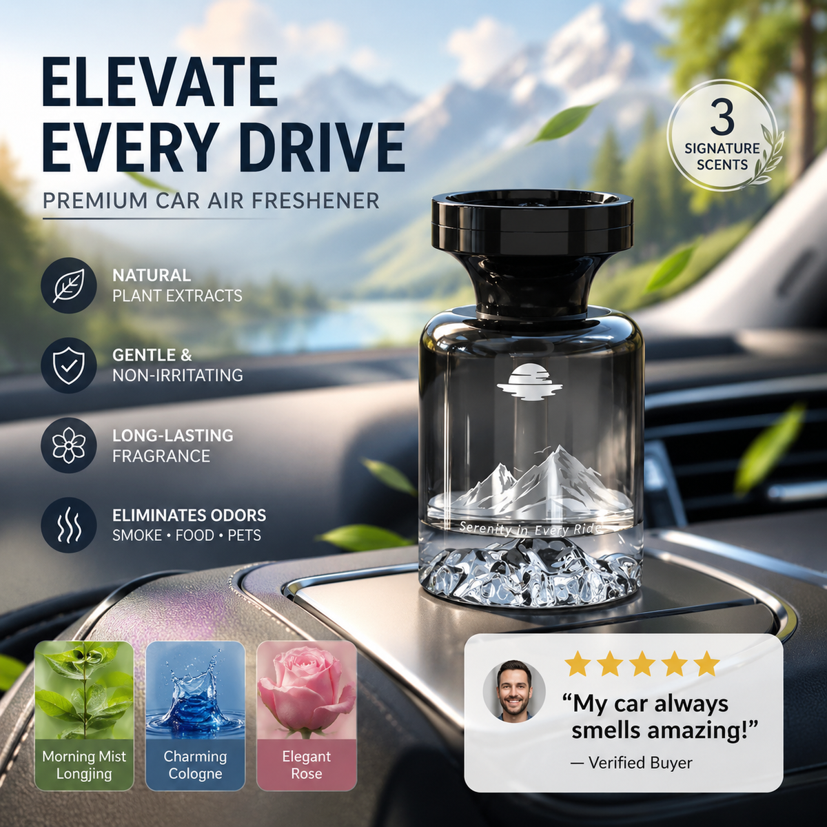 Profumo per auto con design montano ⛰️🚗✨ Bottiglia decorativa con paesaggio montano, estratti vegetali naturali, neutralizza gli odori e diffonde una fragranza persistente per rendere ogni viaggio piacevole.
