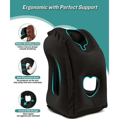 Cuscino da viaggio gonfiabile ✈️🚞😴 Tessuto floccato morbido e valvola larga per gonfiaggio veloce, offre supporto ergonomico al collo su voli, treno o in ufficio, per riposare senza dolori cervicali.