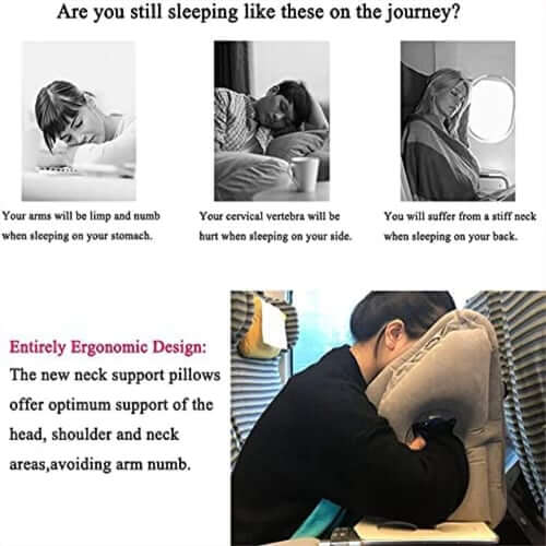 Cuscino da viaggio gonfiabile ✈️🚞😴 Tessuto floccato morbido e valvola larga per gonfiaggio veloce, offre supporto ergonomico al collo su voli, treno o in ufficio, per riposare senza dolori cervicali.