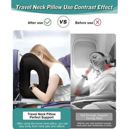 Cuscino da viaggio gonfiabile ✈️🚞😴 Tessuto floccato morbido e valvola larga per gonfiaggio veloce, offre supporto ergonomico al collo su voli, treno o in ufficio, per riposare senza dolori cervicali.