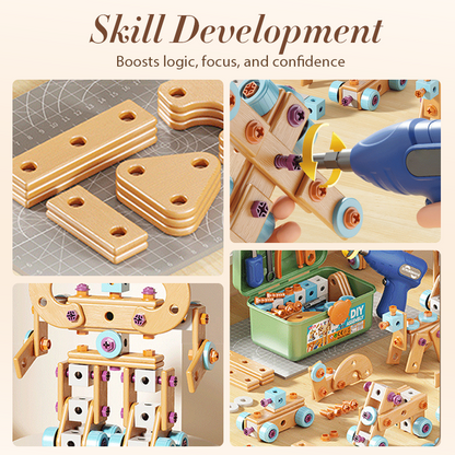 🎄🎁Kit Educativo Fai-da-Te di Attrezzi per Bambini👨‍👩‍👧‍👦⚡🛡️🔍, materiali plastici sicuri, bordi lisci e valigetta per riporre tutti i pezzi, sviluppa manualità e logica mentre i bambini costruiscono modelli in modo autonomo.
