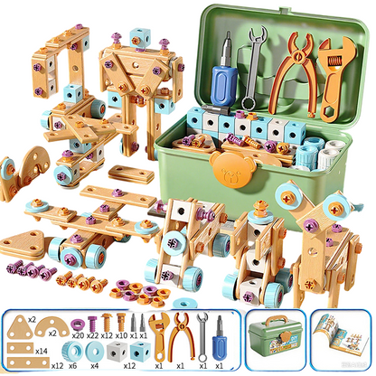 🎄🎁Kit Educativo Fai-da-Te di Attrezzi per Bambini👨‍👩‍👧‍👦⚡🛡️🔍, materiali plastici sicuri, bordi lisci e valigetta per riporre tutti i pezzi, sviluppa manualità e logica mentre i bambini costruiscono modelli in modo autonomo.