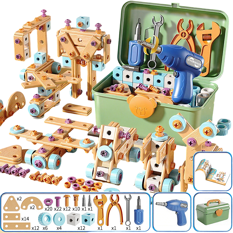 🎄🎁Kit Educativo Fai-da-Te di Attrezzi per Bambini👨‍👩‍👧‍👦⚡🛡️🔍, materiali plastici sicuri, bordi lisci e valigetta per riporre tutti i pezzi, sviluppa manualità e logica mentre i bambini costruiscono modelli in modo autonomo.