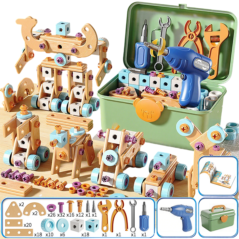 🎄🎁Kit Educativo Fai-da-Te di Attrezzi per Bambini👨‍👩‍👧‍👦⚡🛡️🔍, materiali plastici sicuri, bordi lisci e valigetta per riporre tutti i pezzi, sviluppa manualità e logica mentre i bambini costruiscono modelli in modo autonomo.