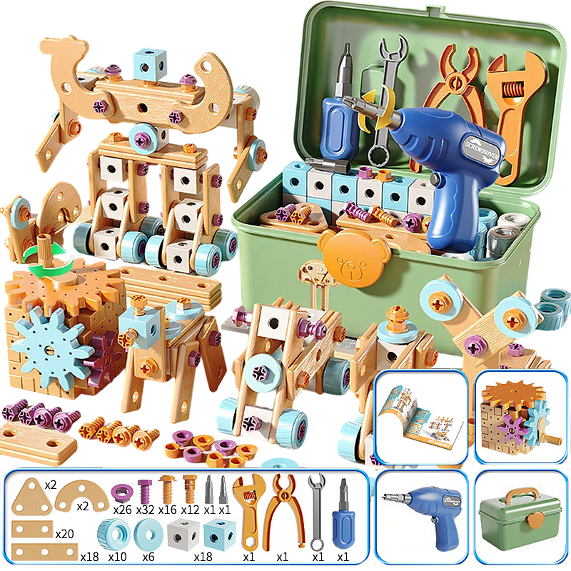 🎄🎁Kit Educativo Fai-da-Te di Attrezzi per Bambini👨‍👩‍👧‍👦⚡🛡️🔍, materiali plastici sicuri, bordi lisci e valigetta per riporre tutti i pezzi, sviluppa manualità e logica mentre i bambini costruiscono modelli in modo autonomo.