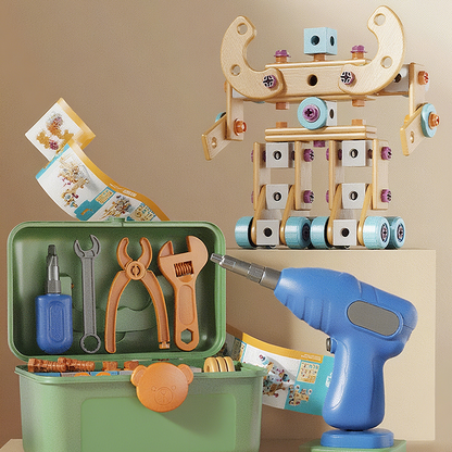 🎄🎁Kit Educativo Fai-da-Te di Attrezzi per Bambini👨‍👩‍👧‍👦⚡🛡️🔍, materiali plastici sicuri, bordi lisci e valigetta per riporre tutti i pezzi, sviluppa manualità e logica mentre i bambini costruiscono modelli in modo autonomo.